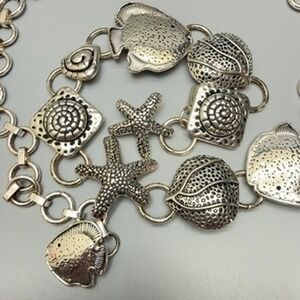 Chico's Silver Tone Nautical Sea Life Chain Belt 40" Beach Star Fish Statement